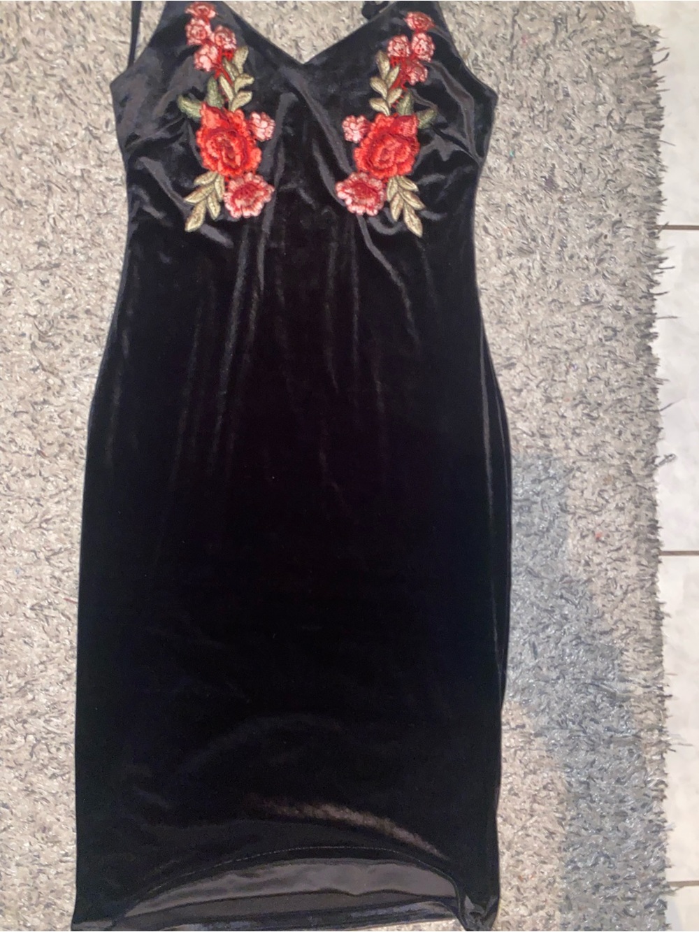 Black Velvet Slip Dress with Red Floral Embroidery